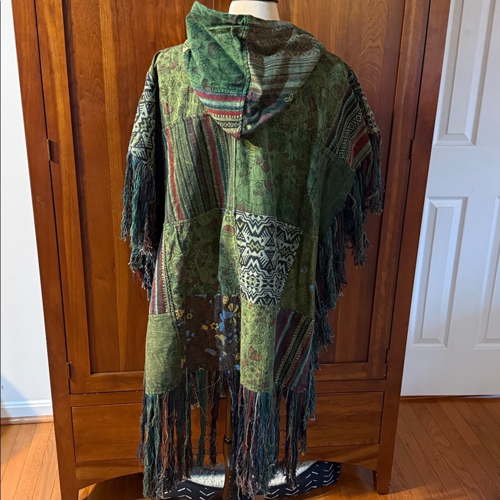 Patchwork Hooded Fringe Poncho - image 4